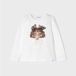 Mayoral White Long Sleeve Tee with Girl and Bow Design